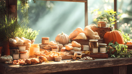 Autumn still life with pumpkins and vegetables on table in gardenの素材