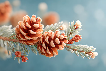 A detailed close up of two snow dusted pine cones and frosty evergreen needles on a branch against a serene blue bokeh background evoking winter and holiday feelingsの素材