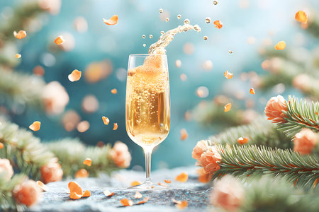 A close up view of a champagne flute with golden sparkling wine actively splashing Delicate orange petals float around the glass set against a soft blue bokeh background with pine branches and a textured stone surfaceの素材