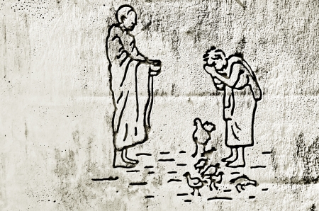 Give alms to a Buddhist monk drawing on concrete wall