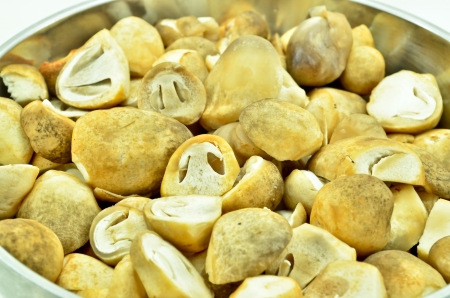 sliced mushrooms in stainless bowlの写真素材