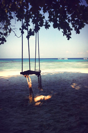 vintage tone picture of swing wooden board by the beachの写真素材