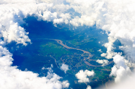 Aerial view of farmland area landscape from airplane. Photo takenの写真素材