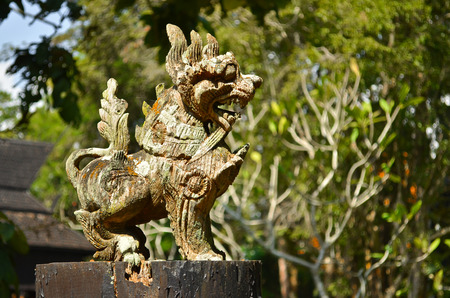 Lion guardian carved ornamentの写真素材