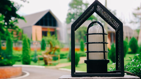 Lamp post on Cement fenceの写真素材