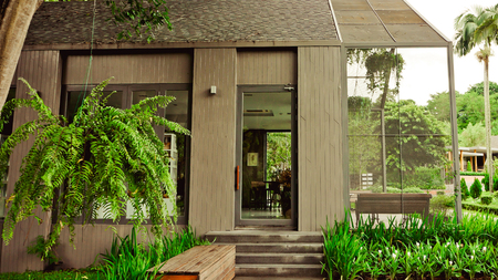 The garden is decorated in tropical jungle style for relaxation.の写真素材