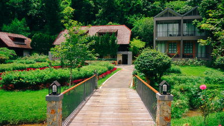 The garden is decorated in tropical jungle style for relaxation.の写真素材