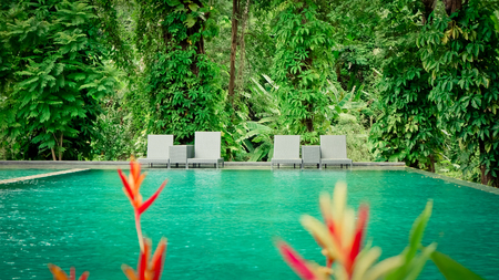 Beautiful tropical beach front hotel resort with swimming poolの写真素材