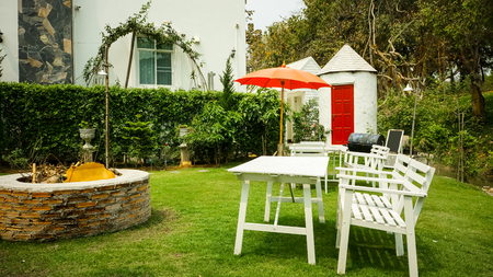 Garden and  flower garden with roses in Backyard Garden