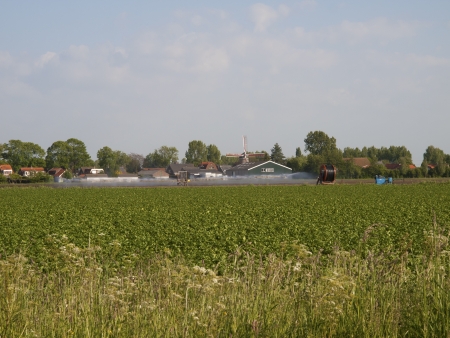 spray machine watered a potato fieldの写真素材