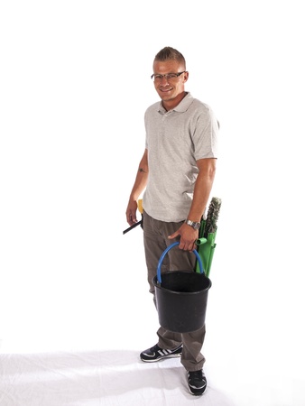 windows cleaner with tools on a white backgroundの写真素材