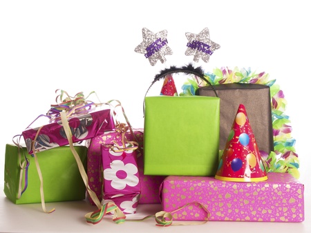a stack of colorful birthday presentsの写真素材