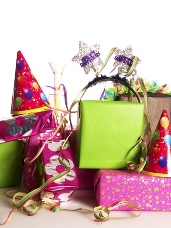 a stack of colorful birthday presentsの写真素材