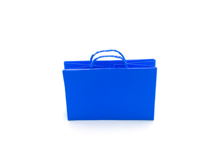 Blue paper bag in white background, shopping bag isolatedの写真素材