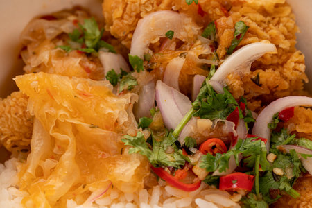 Delicious fried chicken with white rice or stream rice in the bucket.の写真素材