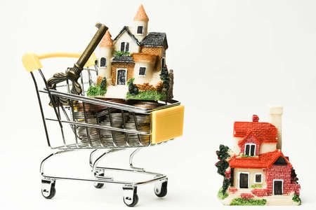 Tiny house with key on coins in a shopping cart. Isolated on white background. concept ideas. copy space, sale and purchase of real estateの写真素材