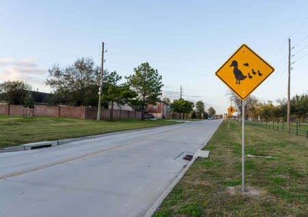 Duck zone warning sign shape of rhombus in back and yellow with duck family icon, transportation in the katy park , Texas ,USAの写真素材