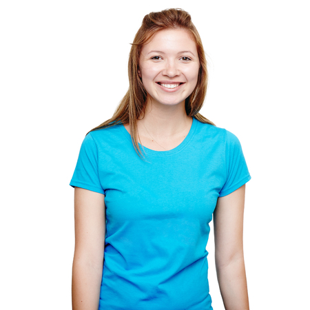 Portrait of a smiling man in blue t-shirt in a studio over a white backgroundの写真素材