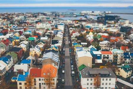 Aerial view of city Reykjavik, Iceland with tilt shift effect. Toy Townの写真素材