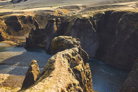 Narrow path in Fjadrargljufur canyon, Iceland.の写真素材