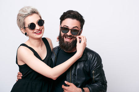 happy hipster couple in love having funの写真素材