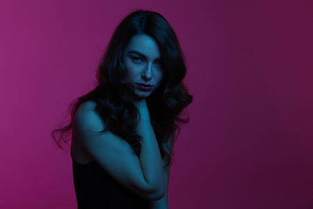 Model in blue lightの写真素材