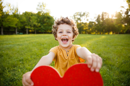 Smiling boy holding heart in parkの写真素材