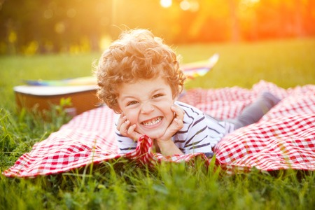 Expressive boy in plaidの写真素材