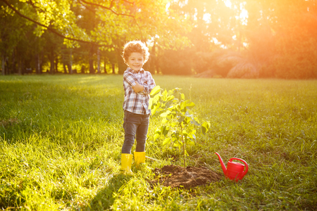 Adorable boy proud with planting treeの写真素材