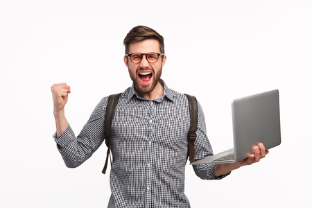 Excited man excited with university admissionの写真素材