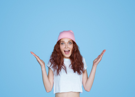 Excited lady screaming and gesturingの写真素材