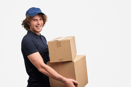 Cheerful courier of free shipping service