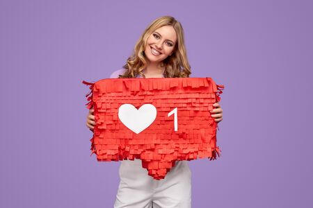 Cheerful woman advertising social media