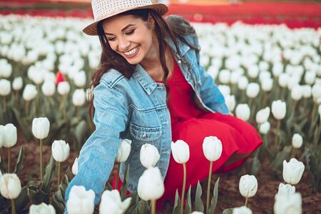 Cheerful woman picking flowers in fieldの写真素材