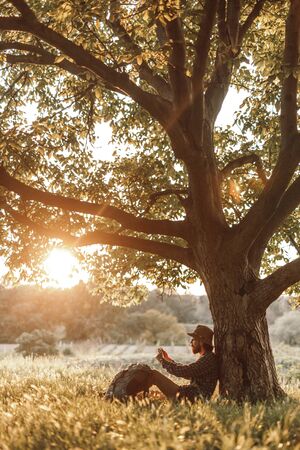 Male traveler using smartphone under treeの写真素材