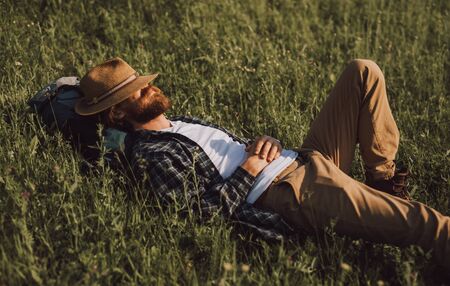 Bearded explorer sleeping on grassの写真素材