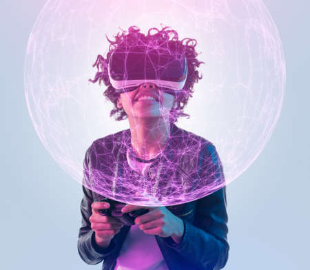 Smiling ethnic woman examining 3D model in cyberspace