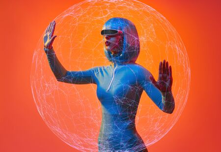 Futuristic woman interacting with plexus globeの写真素材