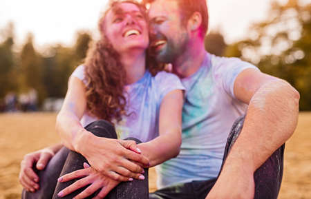 Happy couple embracing on beachの写真素材