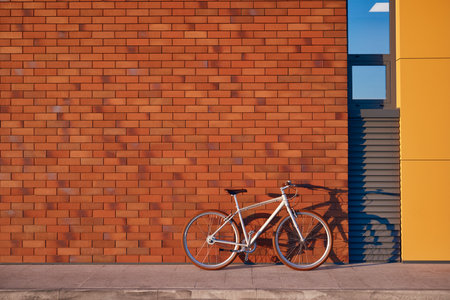 Bicycle parked near modern city buildingの写真素材