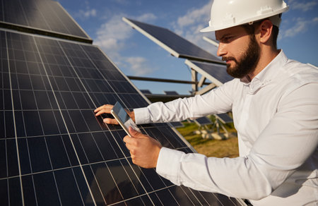 Engineer with smartphone working on solar power station