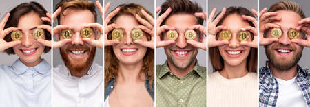 Happy people with golden bitcoin coinsの写真素材