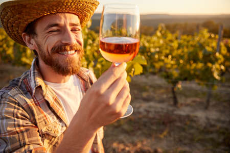 Happy winemaker with glass of wine in vineyard