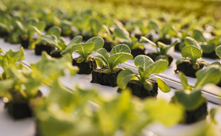 Green lettuce seedlings growing in farm greenhouseの写真素材