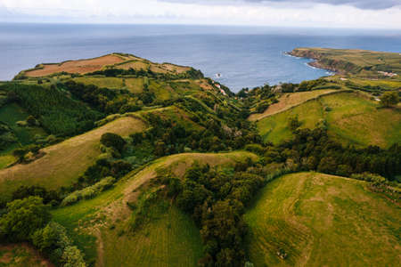 Blue ocean and green highlandsの写真素材