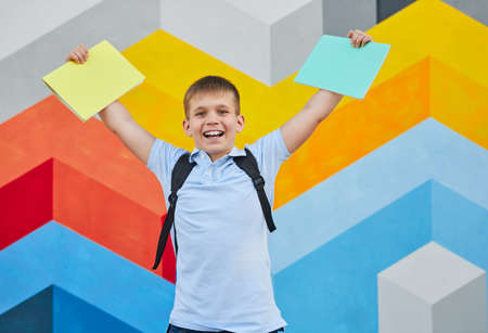 Excited schoolboy with copybooks against colorful wallの写真素材