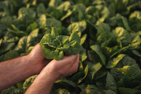 Crop farmer touching lettuce in greenhouseの写真素材