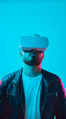 Man exploring virtual reality in VR gogglesの写真素材