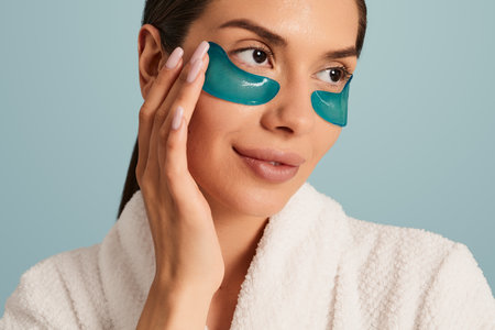Positive lady applying moisturizing patches under eyes after bathの写真素材