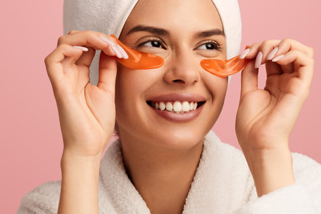Happy woman in bathrobe and head wrap removing eye patchesの写真素材